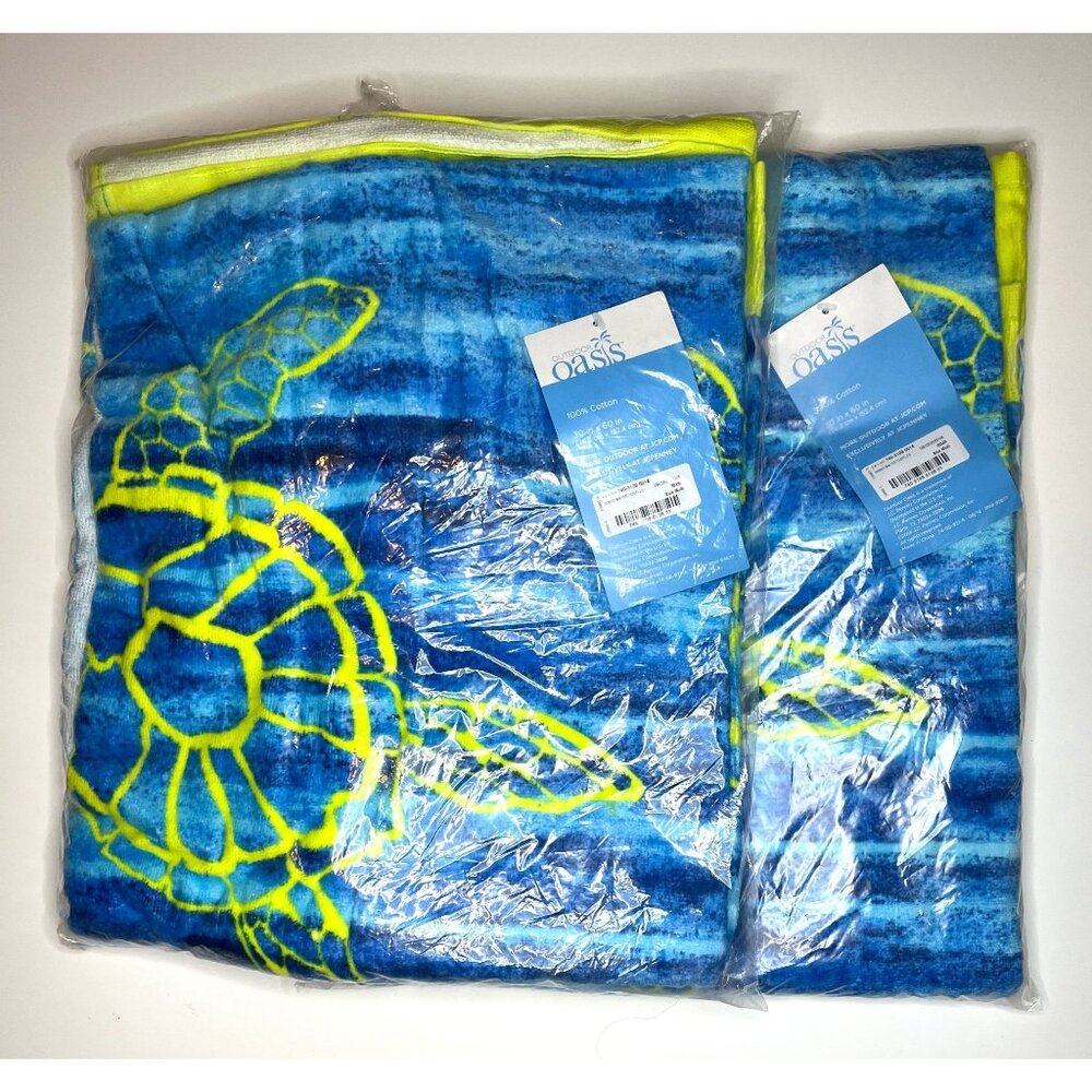NWT Outdoor Oasis Blue & Yellow Sea Turtle Beach Towel Set Ocean Nautical